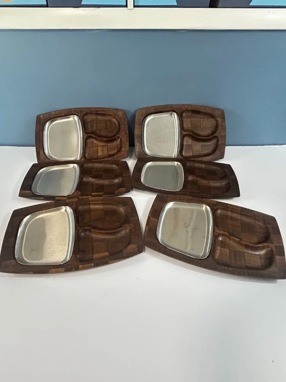 Set of 6 Mid-Century Moder Weavewood Sectioned Serving Trays with Metal Insterts